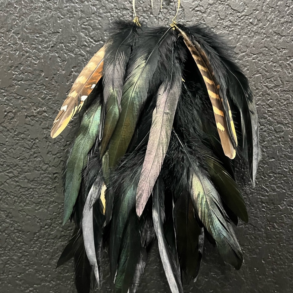Boho Black Feather Drop Earrings with Iridescent Accents